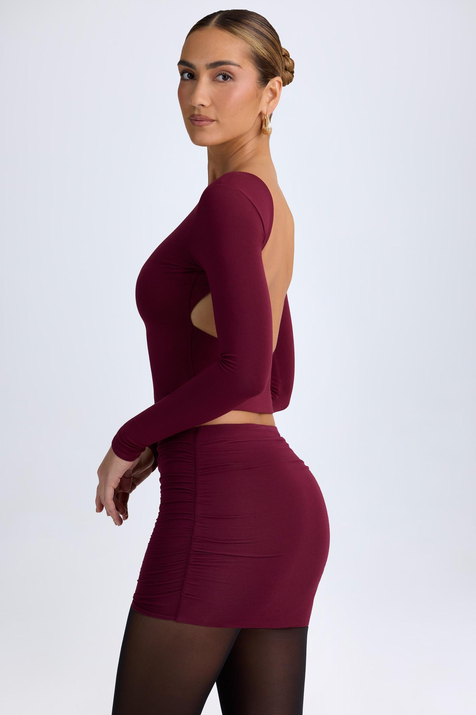 Modal High Neck Long Sleeve Open Back Top in Wine Red Product Image