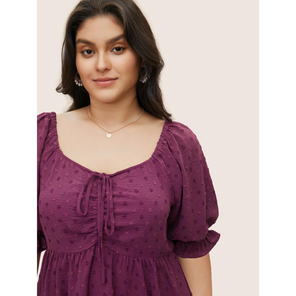 Plus Size Purple Solid Texture Ruffles Ties Elastic Waist Blouse Women Elegant Half Sleeve Square Neck Everyday Blouses BloomChic 28/5X Product Image