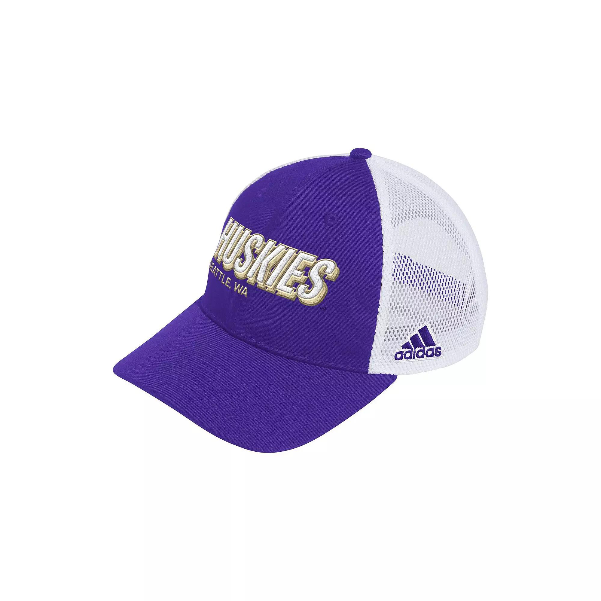 Men's adidas Purple Washington Huskies Mascot Block Letter Slouch Trucker Adjustable Hat Product Image
