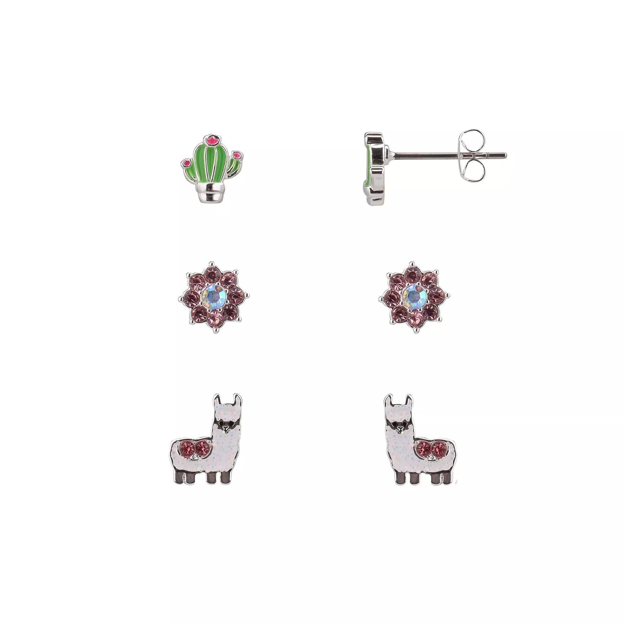 FAO Schwarz Silver Tone Crystal Cactus & Llama Trio Stud Earrings Set, Women's, Pink Product Image