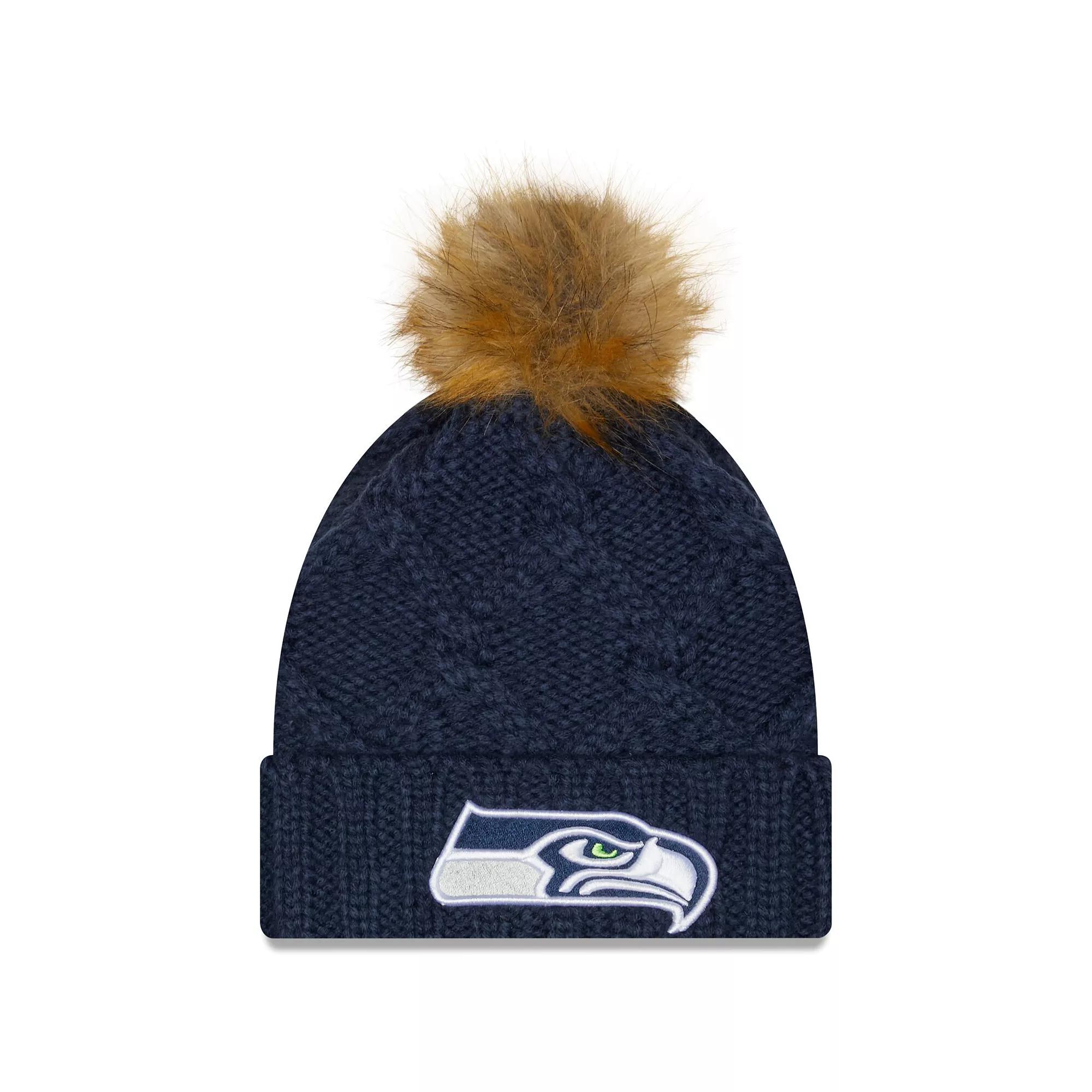 Women's New Era College Navy Seattle Seahawks Luxe Cuffed Knit Hat with Pom, Blue Product Image