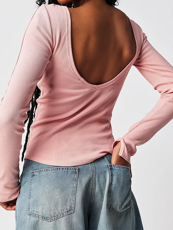 Solid Color Rib Backless Long Sleeve Knit Product Image