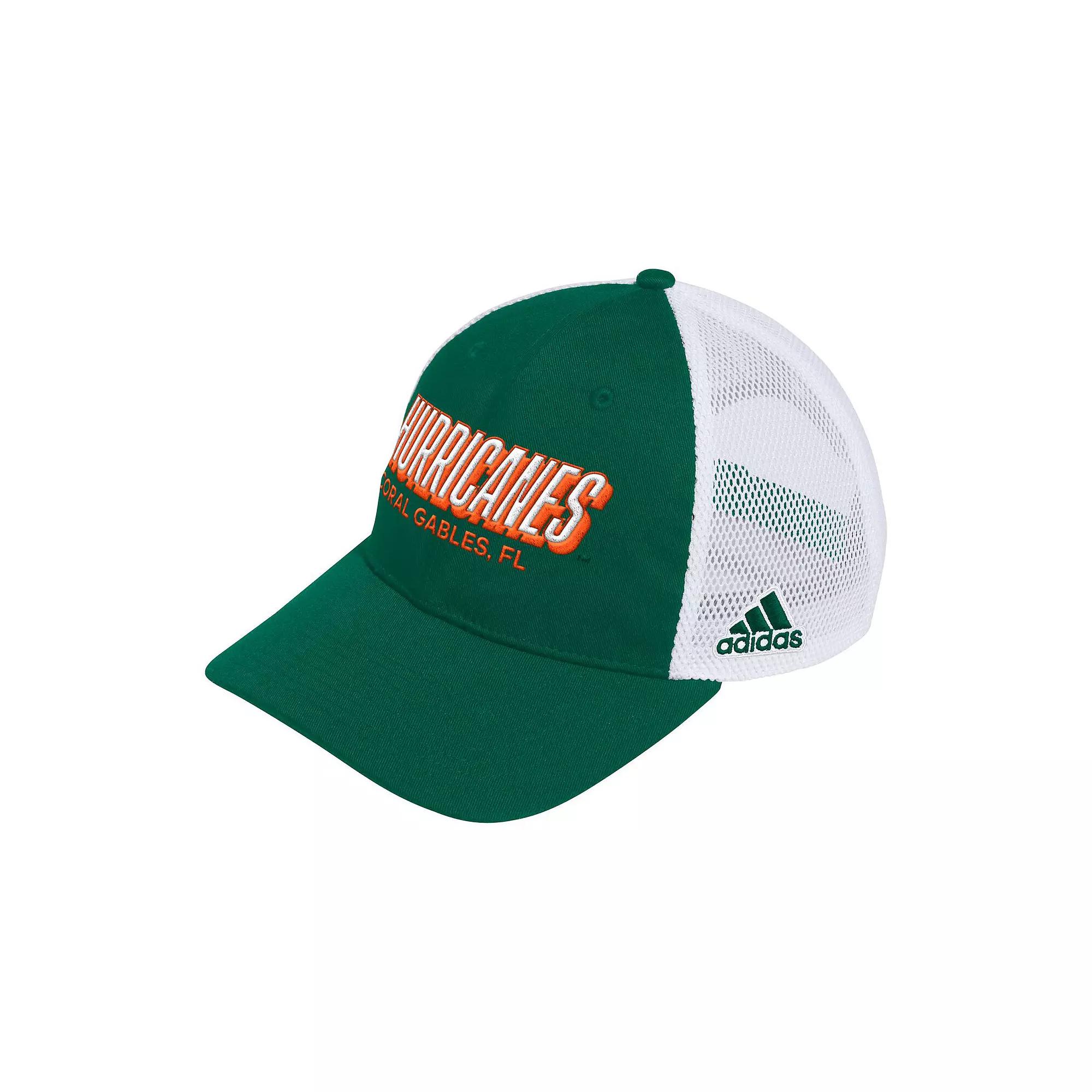 Men's adidas Green Miami Hurricanes Mascot Block Letter Slouch Trucker Adjustable Hat Product Image