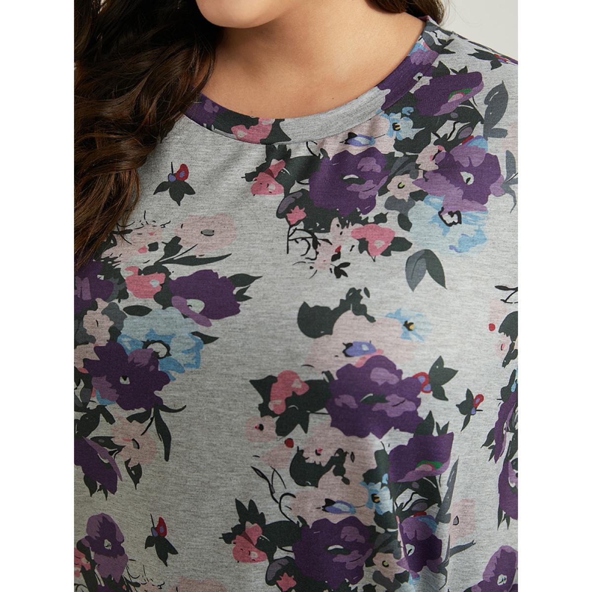 Plus Size Floral Print Pocket Sweatshirt Women DimGray Casual Printed Round Neck Dailywear Sweatshirts BloomChic 10/M Product Image