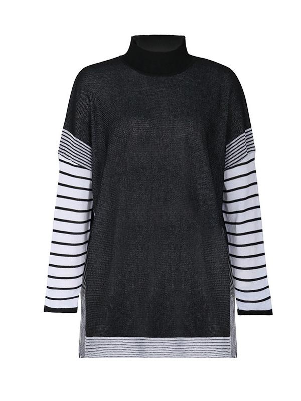 Long Sleeves Loose Contrast Color Striped Mock Neck Pullovers Sweater Tops Product Image