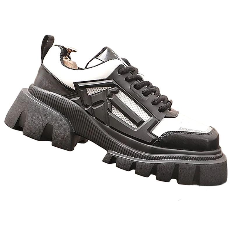 Platform Square Toe Mesh Panel Lace-Up Faux Leather Shoes Product Image