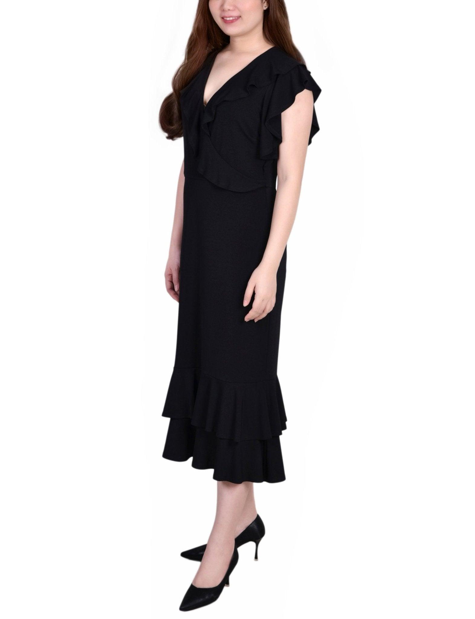 Black Short flutter Sleeve Ruffle Neck Dress - Petite Product Image