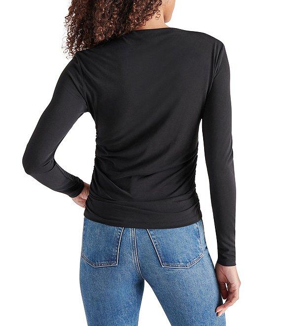 Steve Madden Elvira Knit Jersey Drape Neck Long Sleeve Ruched Top Product Image