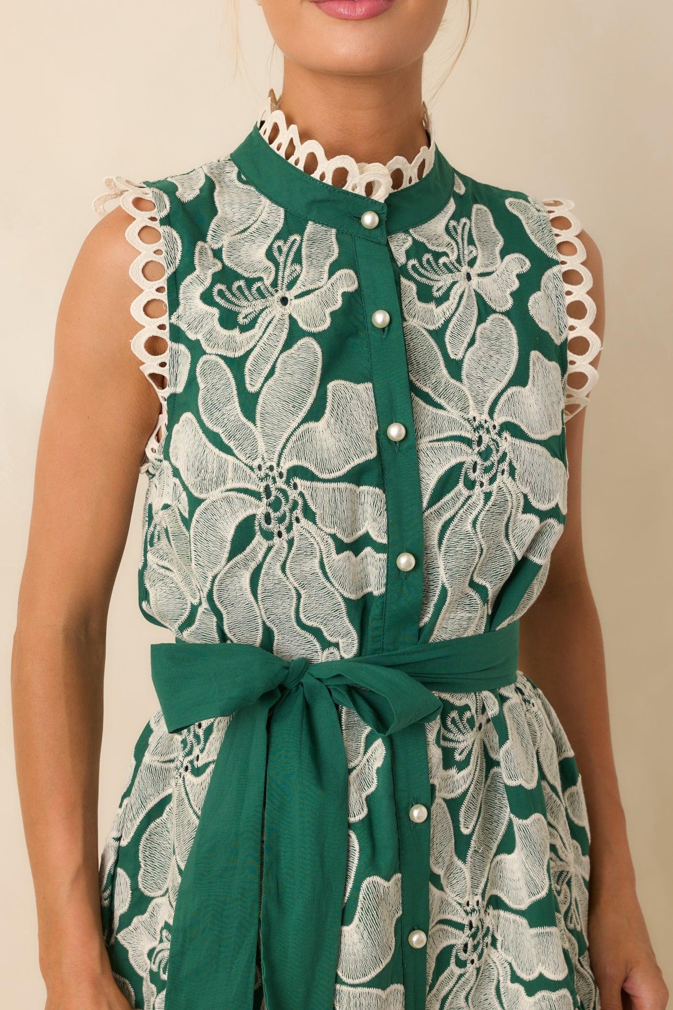 Stand Out Emerald Green Floral Embroidered Cotton Mini Dress Product Image