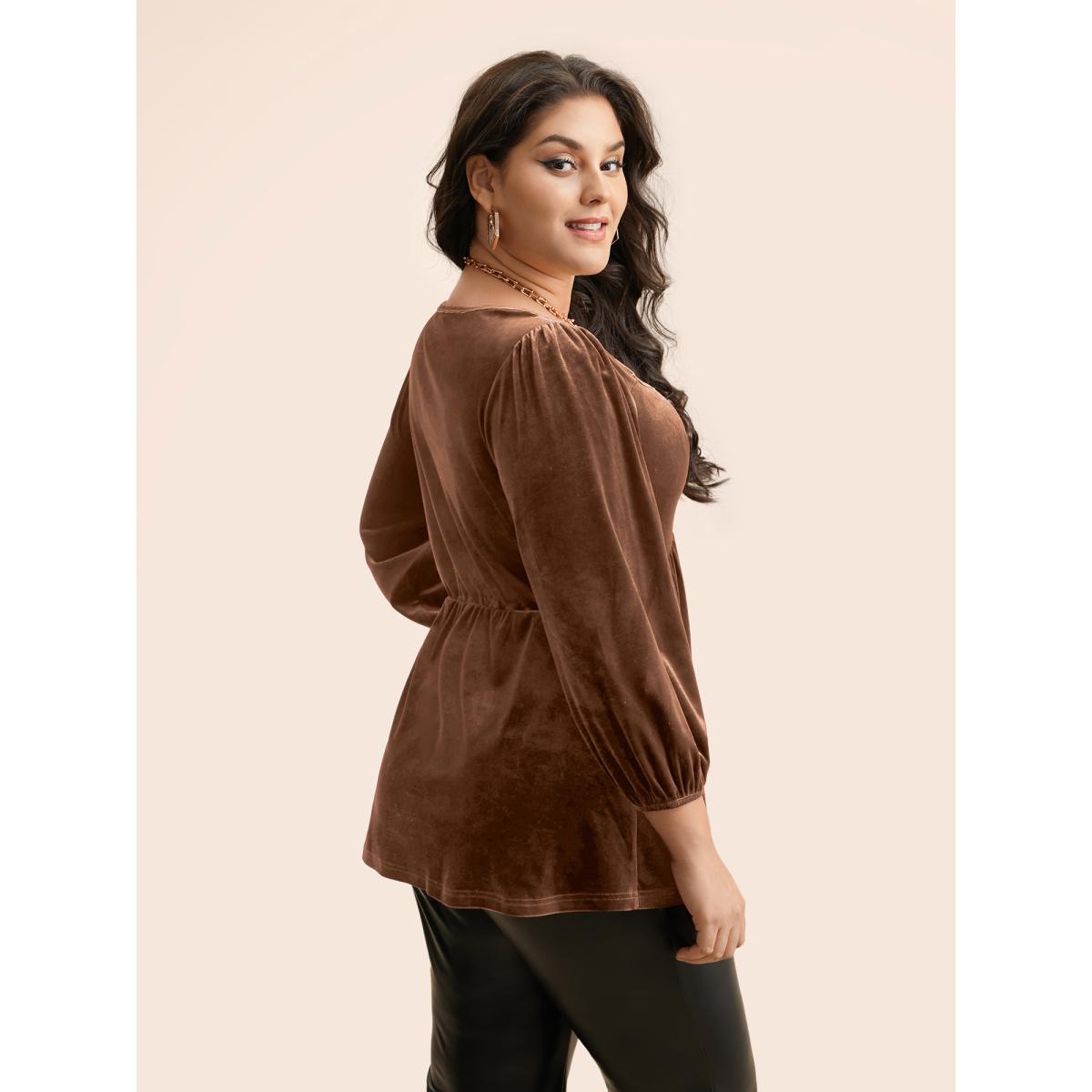 Plus Size Mauve Velvet Heart Neckline Gathered Blouse Women Timeless Three Quarter Length Sleeve Heart neckline Elegant Blouses BloomChic 10/M Product Image