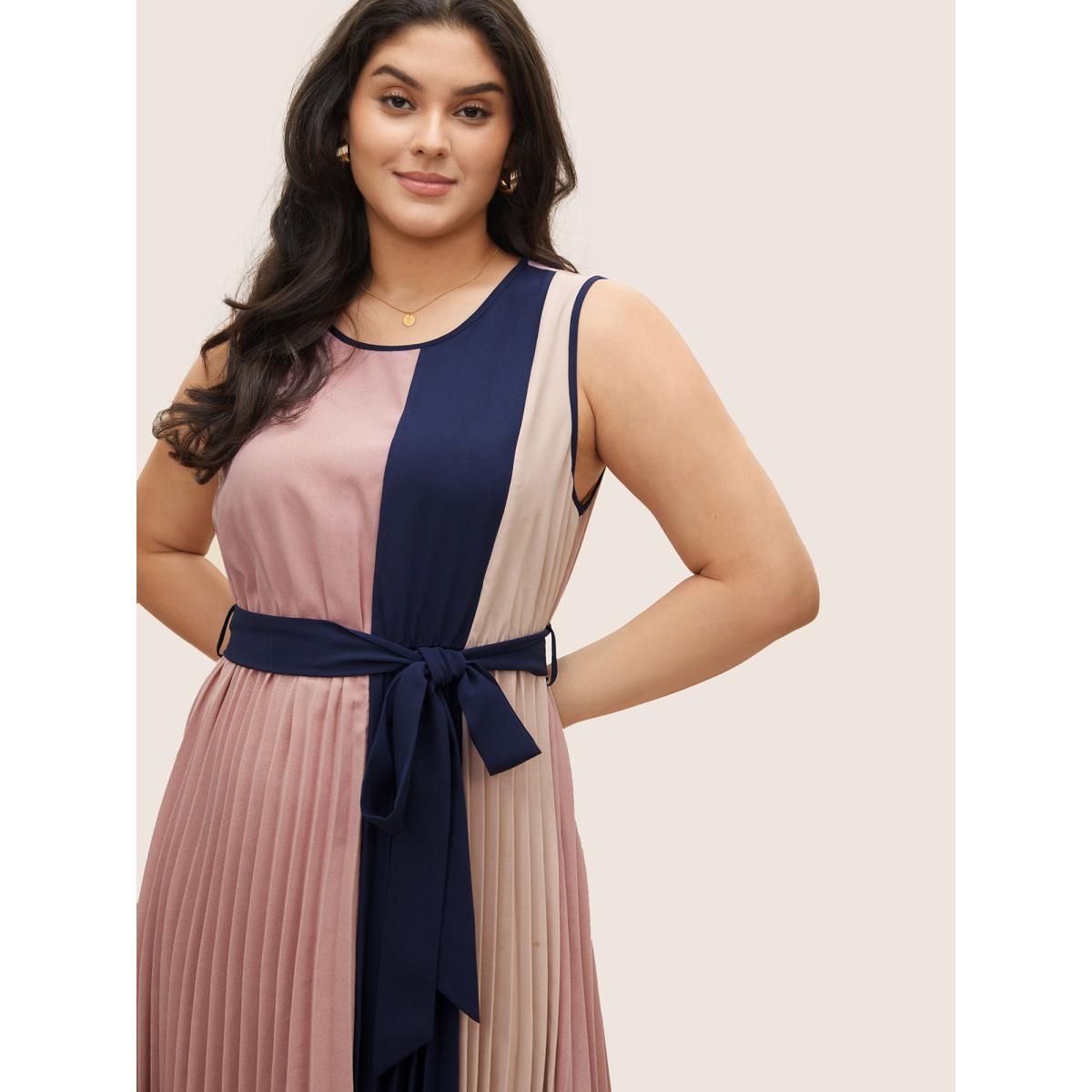 Plus Size Colorblock Contrast Pleated Belted Sleeveless Dress Multicolor Women At the Office Belted Round Neck Sleeveless Curvy Midi Dress BloomChic 10/M Product Image