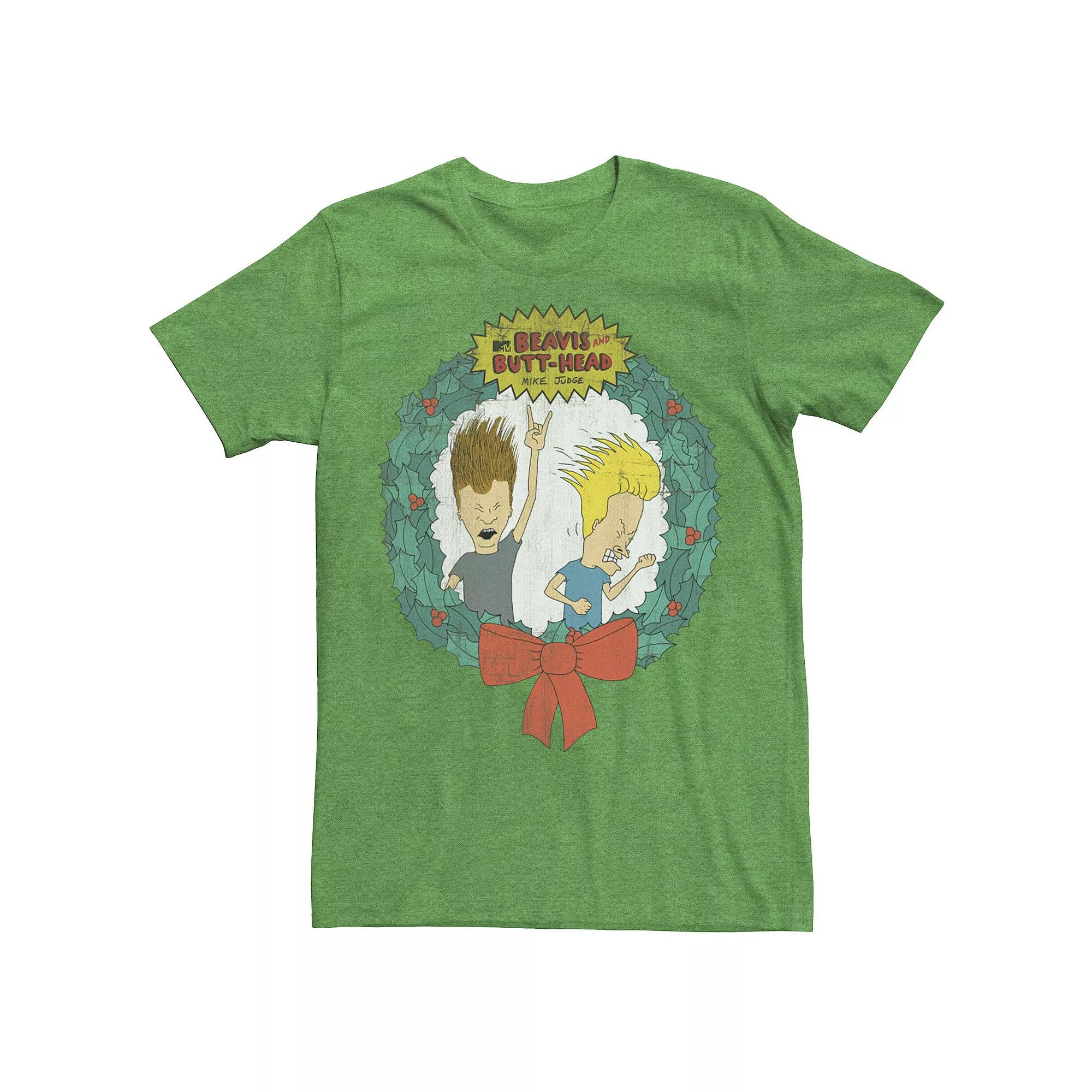 Men's Cartoon Network Beavis and Butthead Christmas Wreath Tee,  Product Image