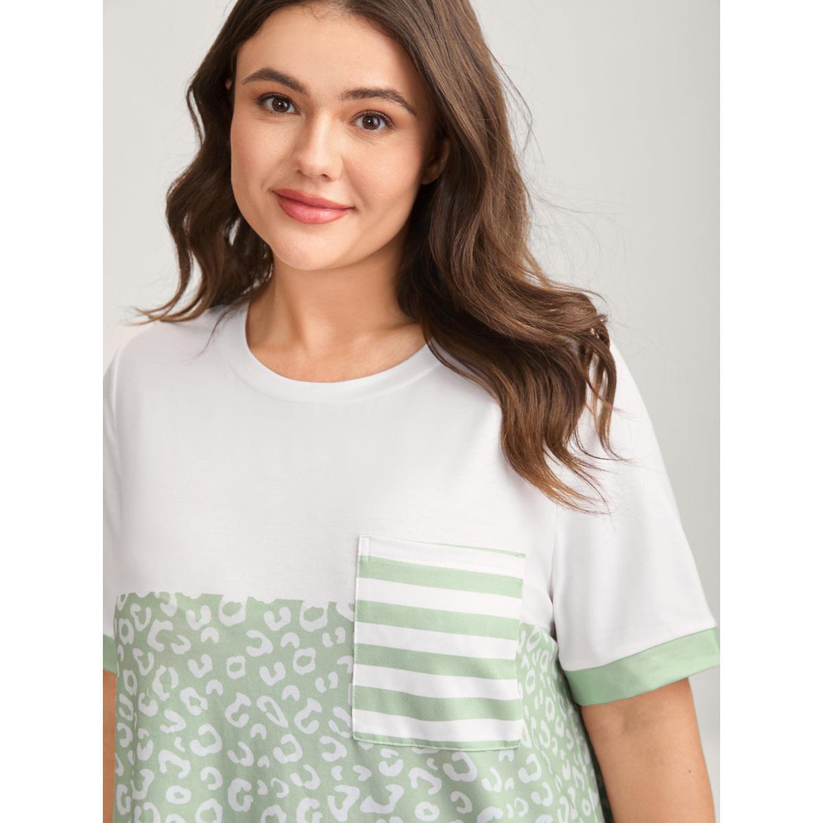 Plus Size Leopard Print Color Contrast T-Shirt Greenbean Women Leisure Contrast Round Neck Casual T-shirts BloomChic 18-20/2X Product Image