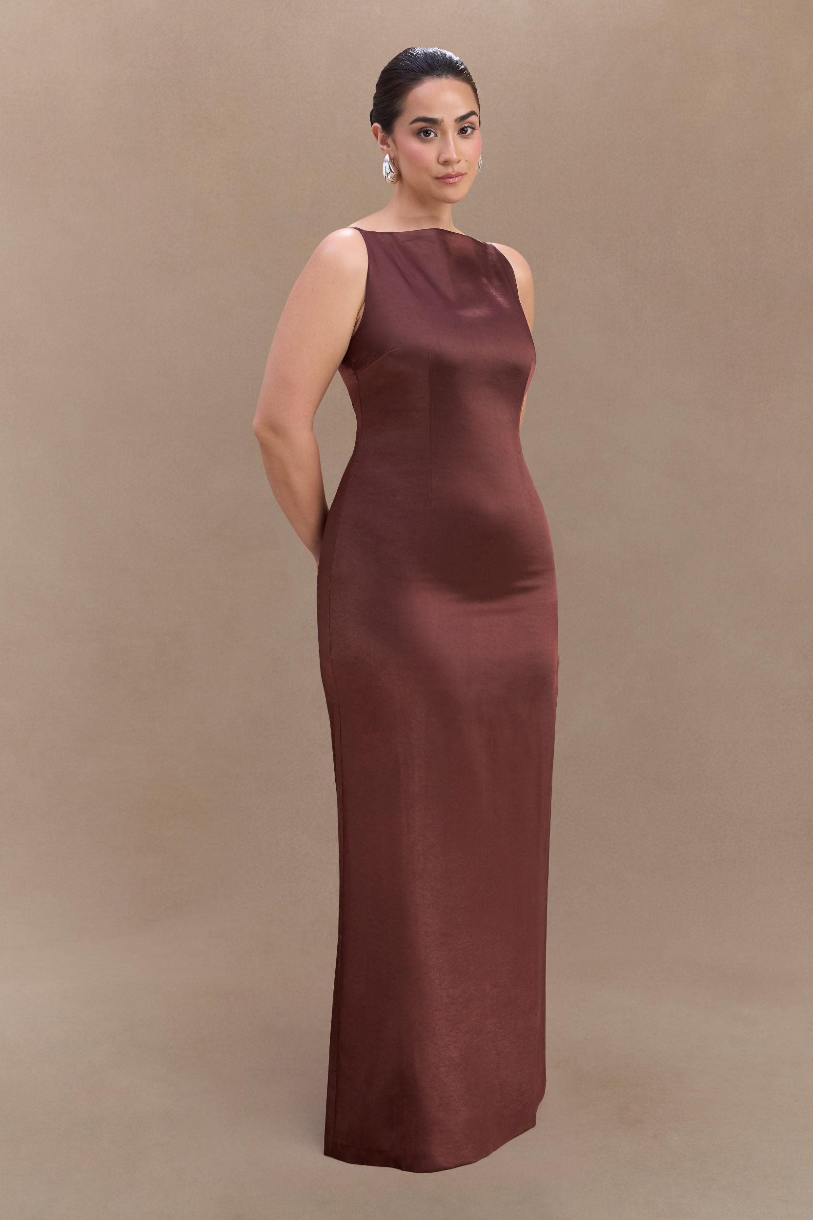 Violet Sleeveless Satin Maxi Dress - Dark Chocolate Product Image