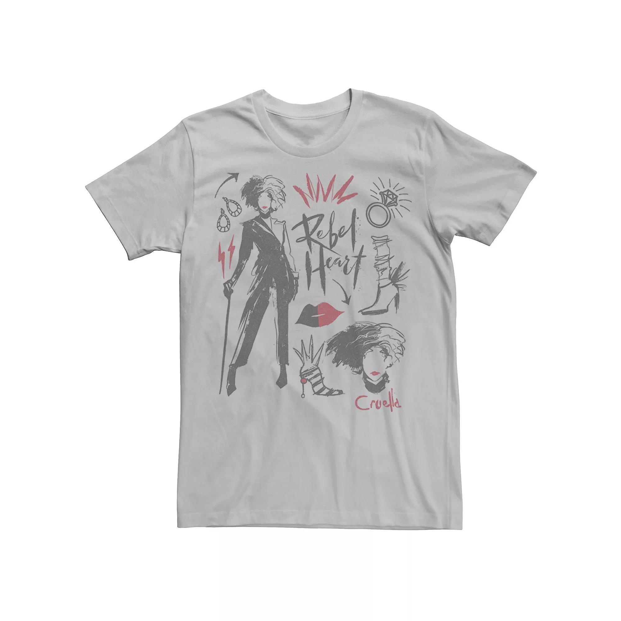 Disney's Cruella De Vil Men's Rebel Heart Collage Sketches Tee,  Product Image