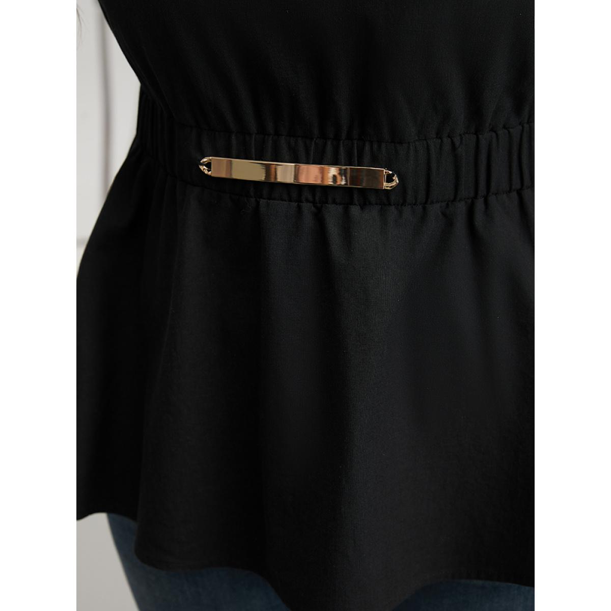 Plus Size Black Cotton Solid Metal Detail Lantern Sleeve Blouse Women Office Long Sleeve Round Neck Work Blouses BloomChic 26/4X Product Image