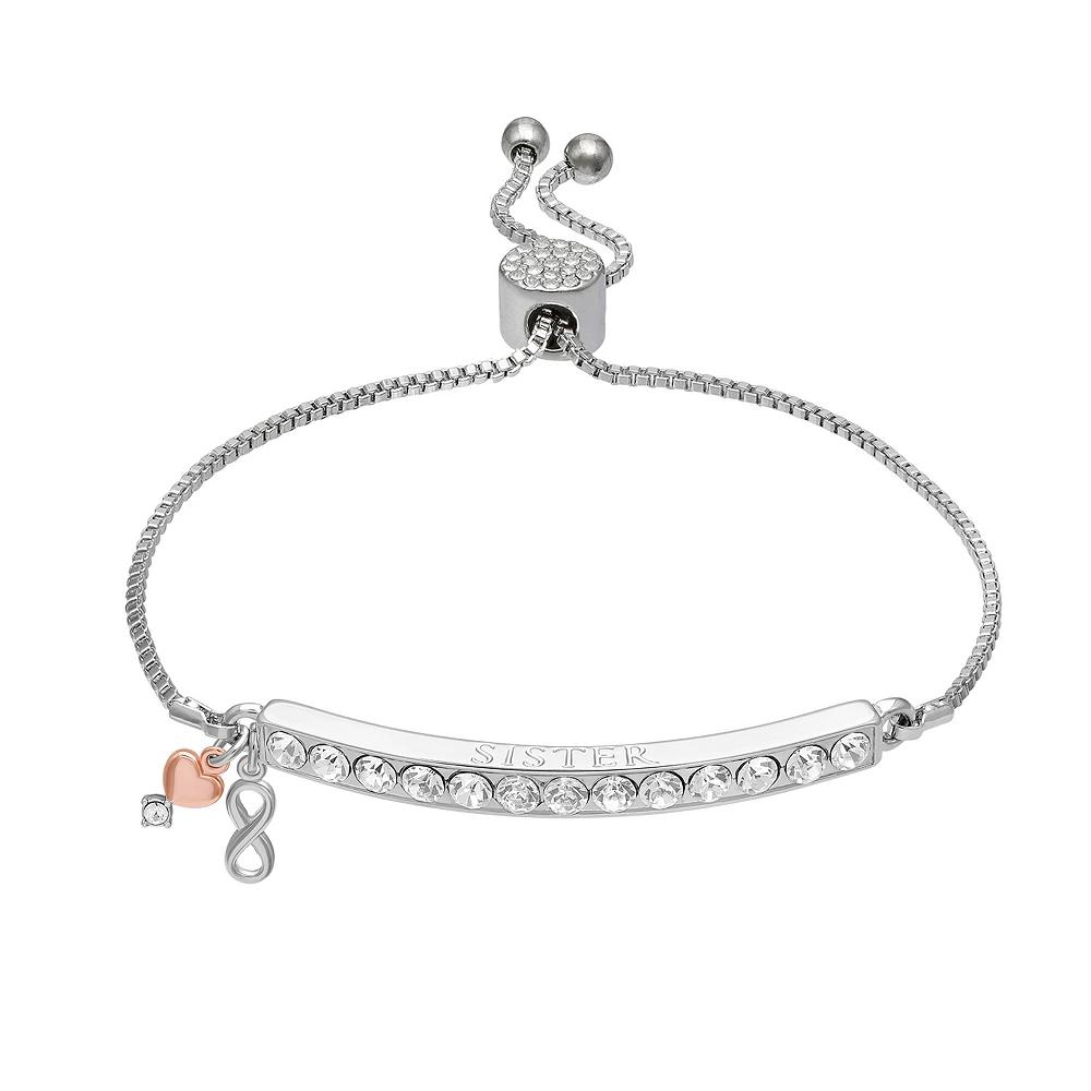 Brilliance Two-Tone Silver Plated "Sister" Crystal Bar Infinity & Heart Charm Adjustable Bracelet, Women's, Size: 7", Two Tone Pink Clear Product Image