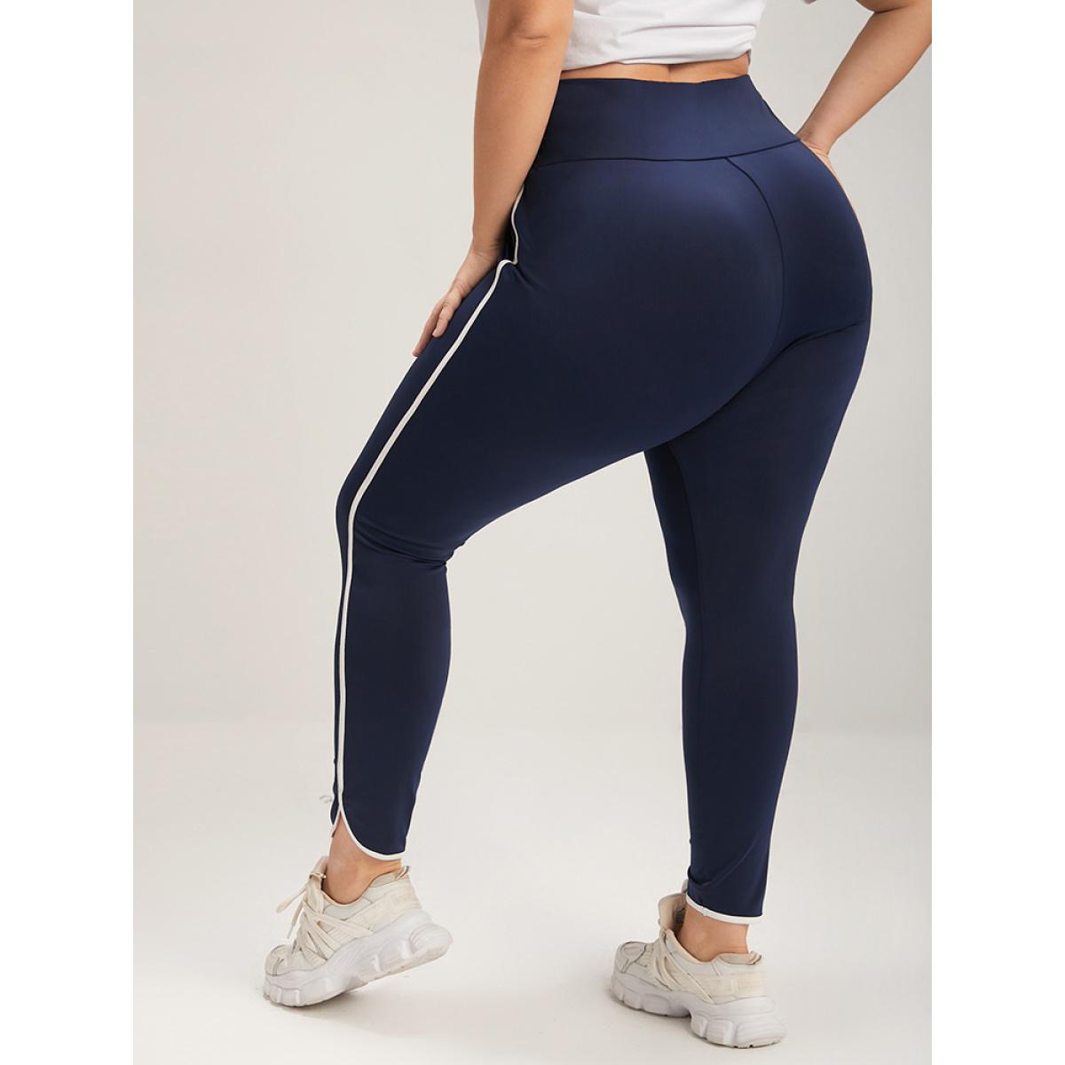 Plus Size Solid Wide Waistband Contrast Trim Skinny Leggings Women DarkBlue Casual High stretch Skinny High Rise Dailywear Leggings BloomChic 10/M Product Image