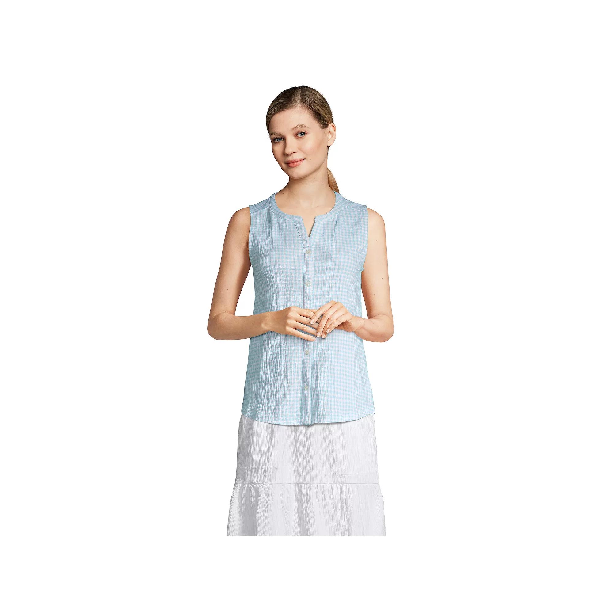 Women's Lands' End Sleeveless Button Front Tank Top, Size: Medium, Blue Radiance Check Product Image