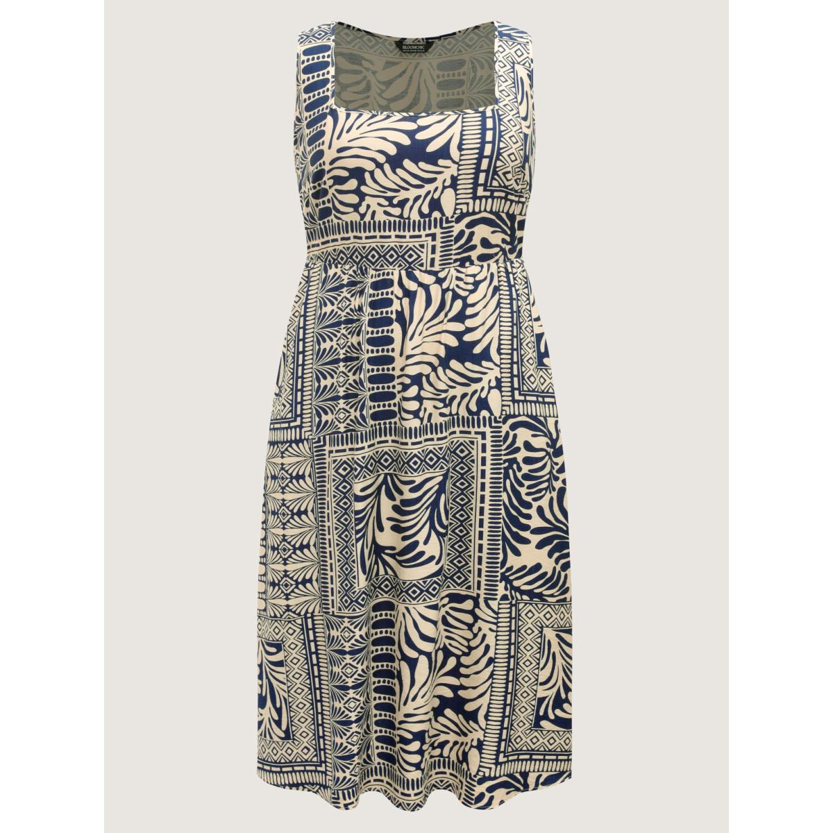 Plus Size Geometric Collage Print Pockets Midi Dress DarkBlue Women Square Neck Sleeveless Curvy BloomChic 18-20/2X Product Image