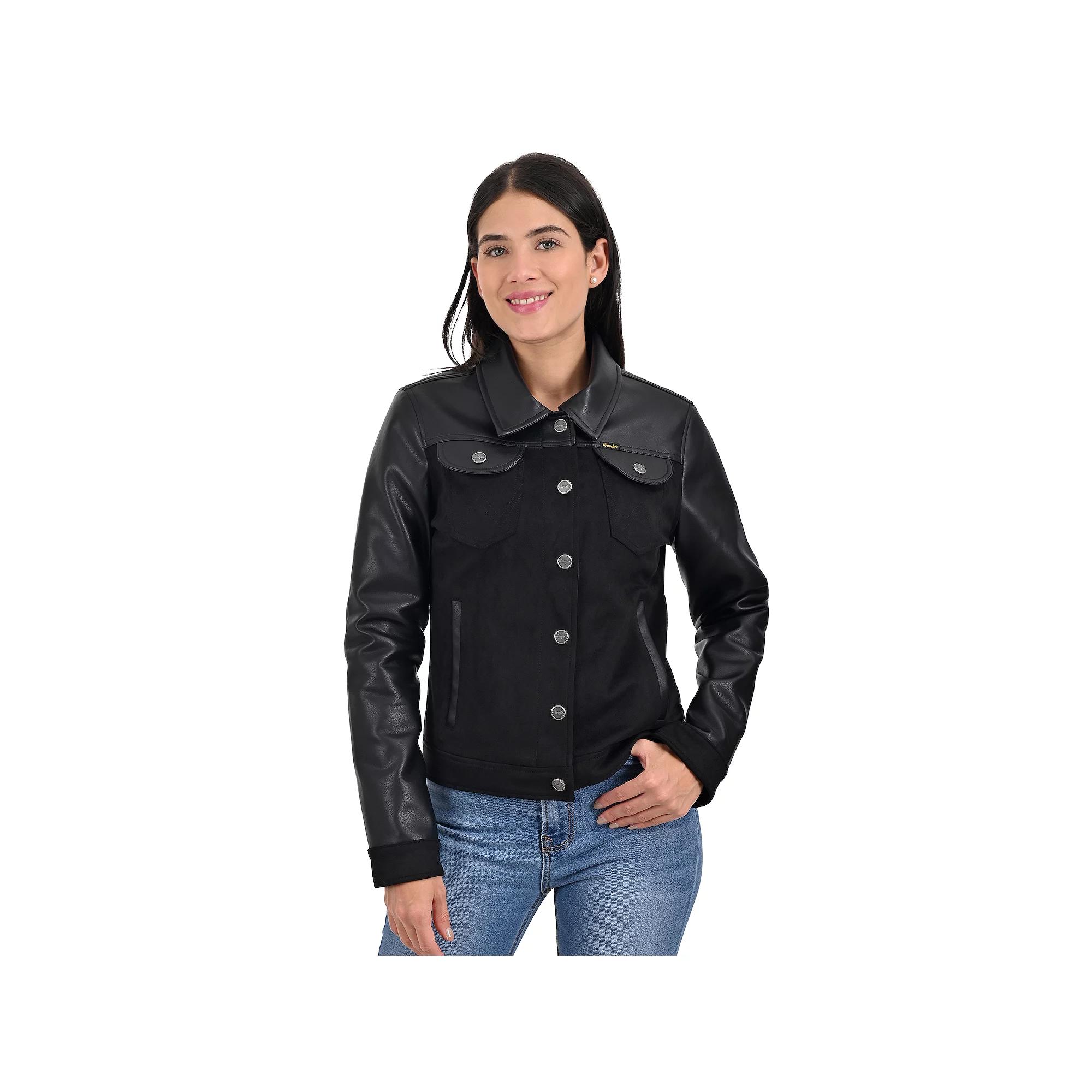 Women's Wrangler Faux Leather Trucker Jacket, Size: Large, Black Product Image