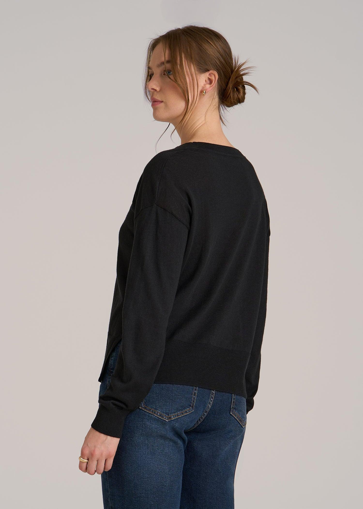Linen Blend Split Hem V-Neck Sweater for Tall Women in Black Female Product Image