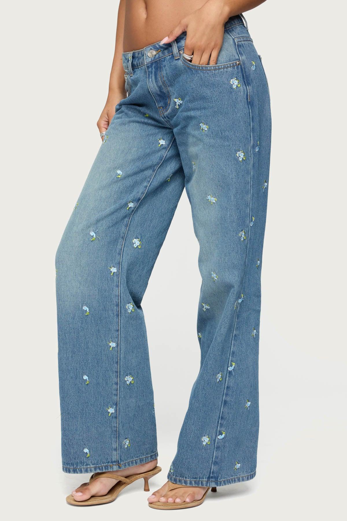 Edna Embroidered Floral Low Rise Baggy Jeans Product Image