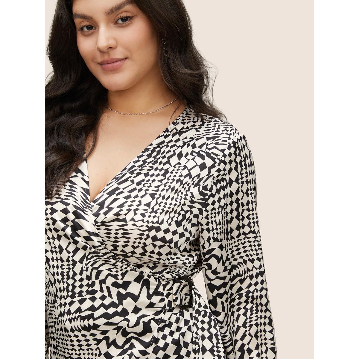 Plus Size Black Asymmetrical Geometric Wrap Button Detail Blouse Women At the Office Long Sleeve Overlap Collar Work Blouses BloomChic 22-24/3X Product Image