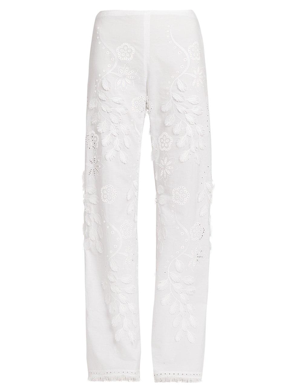 Womens Embellished Broderie Anglaise Mid-Rise Straight-Leg Pants Product Image
