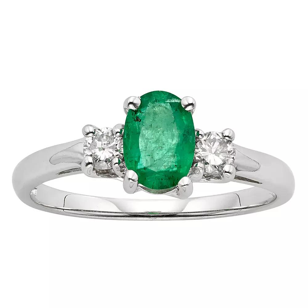 The Regal Collection 14k White Gold Oval Emerald & 1/5 Carat T.W. Diamond 3-Stone Ring, Women's,  Product Image
