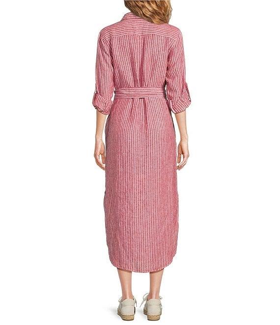 Lauren Ralph Lauren Kiredel Stripe Linen Point Collar Roll-Tab Sleeves Belted Button Front Midi Shirt Dress Product Image
