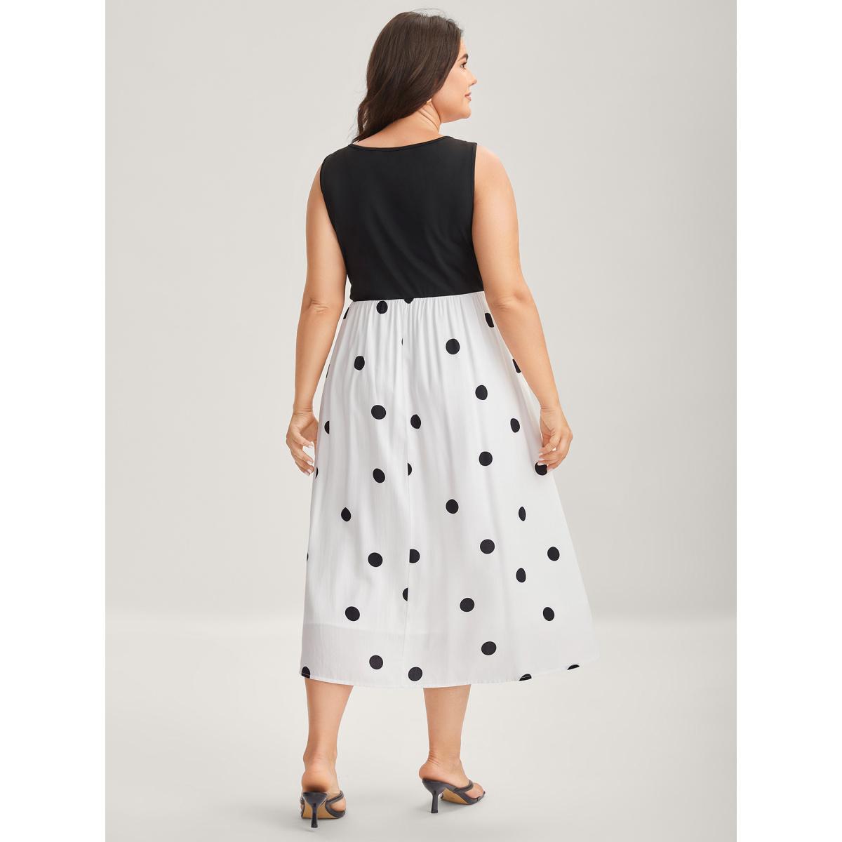 Plus Size Polka Dots Stretchy Waist Pockets Midi Dress Black Women U-neck Sleeveless Curvy BloomChic 30/6X Product Image
