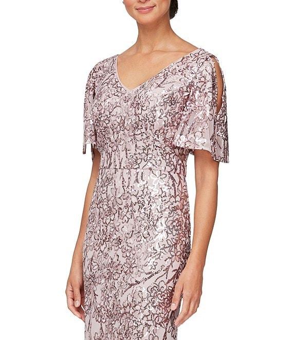 Alex Evenings Floral Sequin Cold Shoulder Short Flutter Sleeve V-Neck Sheath Long Gown Product Image