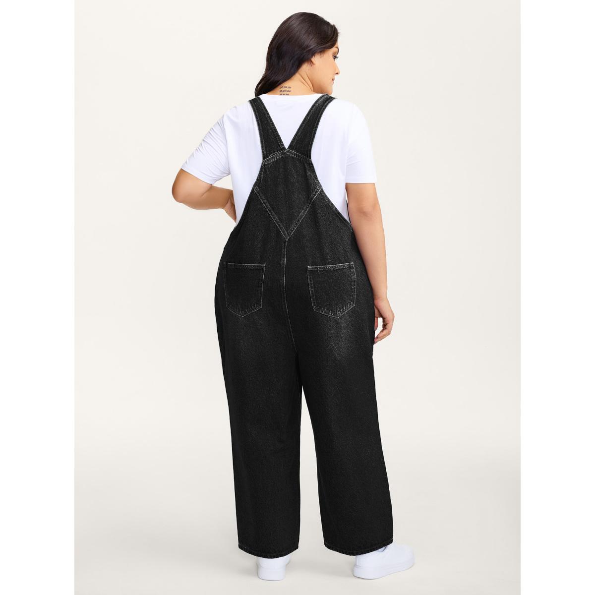 Plus Size Cotton Relaxed-Fit Side Button Overall Denim Jumpsuit Denimblack Women No stretch Casual Slanted pocket Leisure Denim Jumpsuits BloomChic 22/3X Product Image