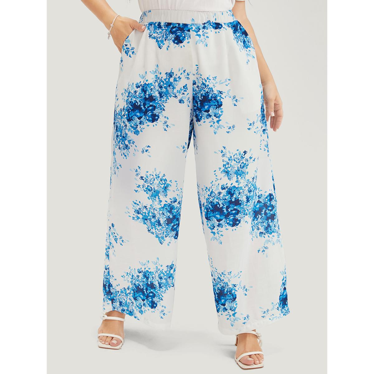 Plus Size Graphic Print Wide Leg Mid Rise Pocket Pants Women Cerulean Elegant Mid Rise Dailywear Pants BloomChic 14-16/1X Product Image