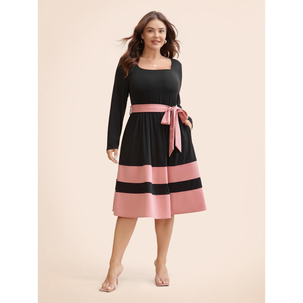 Plus Size Two Tone Belted Bowknot Square Neck Dress Black Women Timeless Non Square Neck Long Sleeve Curvy Knee Dress BloomChic 12/L Product Image