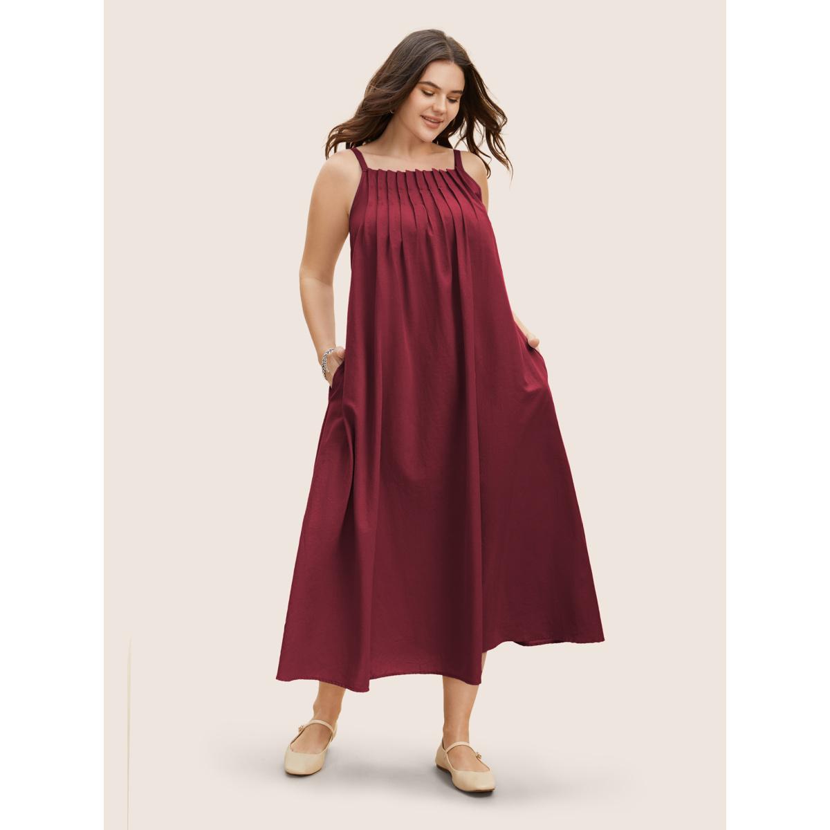 Plus Size Cotton Plain Pleated Loose Fit Cami Dress RedViolet Women Casual Ruffles Non Sleeveless Curvy BloomChic 14-16/1X Product Image