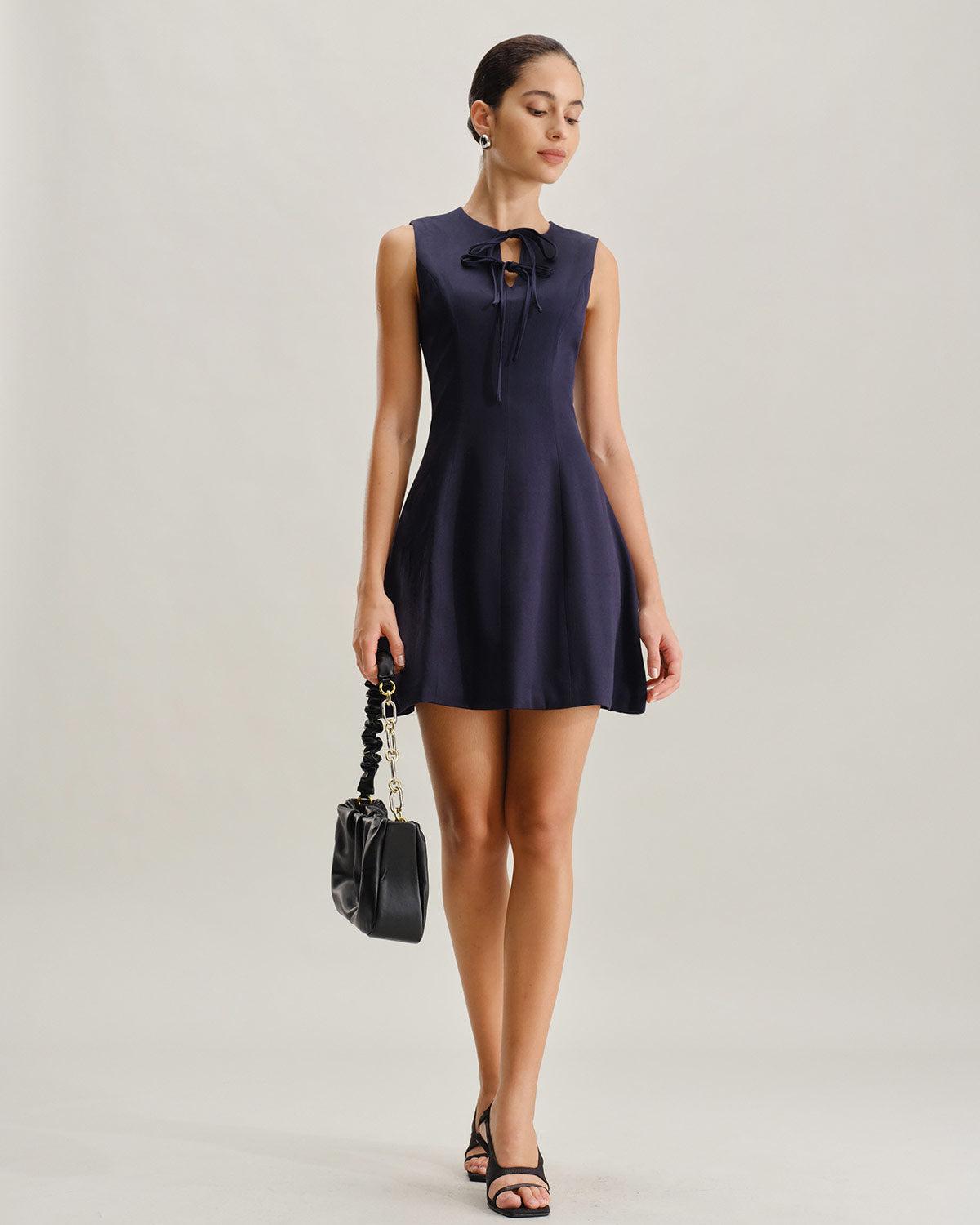 Blue Round Neck Sleeveless A-Line Mini Dress Product Image