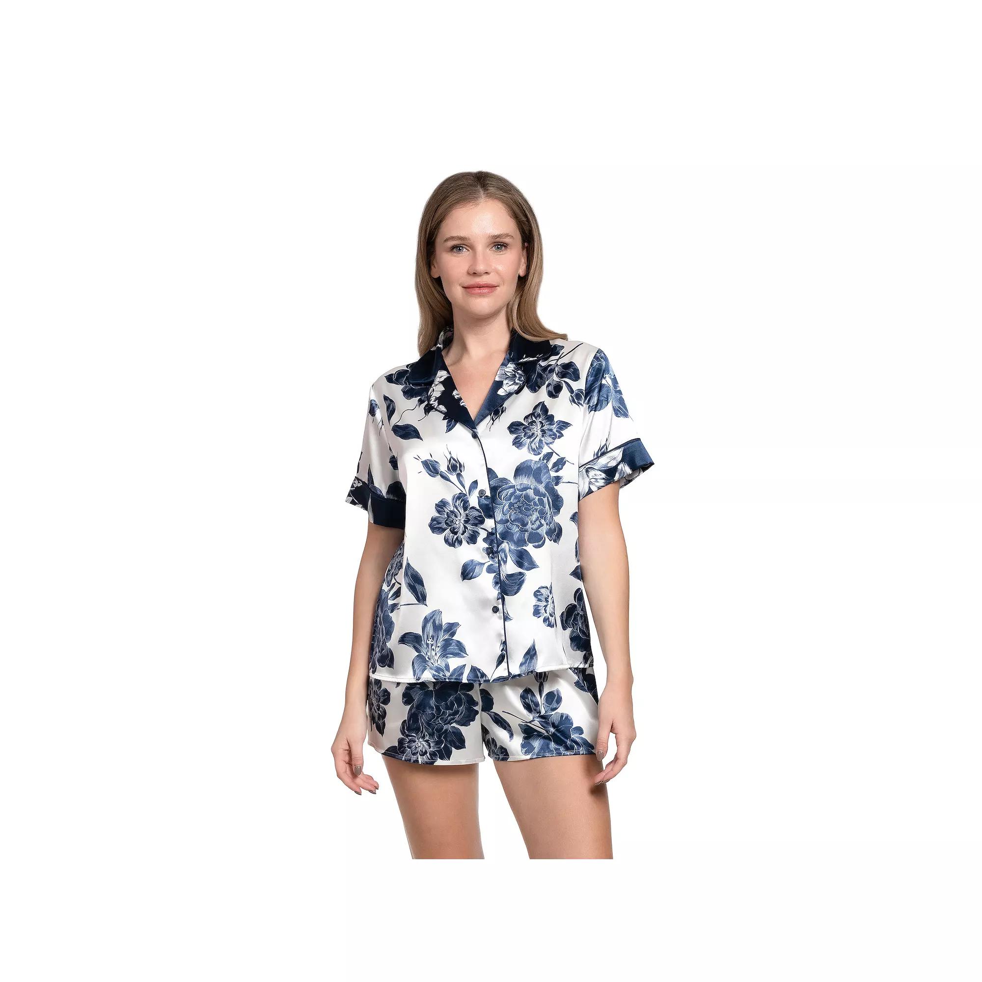 Women's Lilac+London 2-pc. Solid Satin Short Sleeve Pajama Top & Pajama Shorts Set, Size: XXL, White Navy Product Image