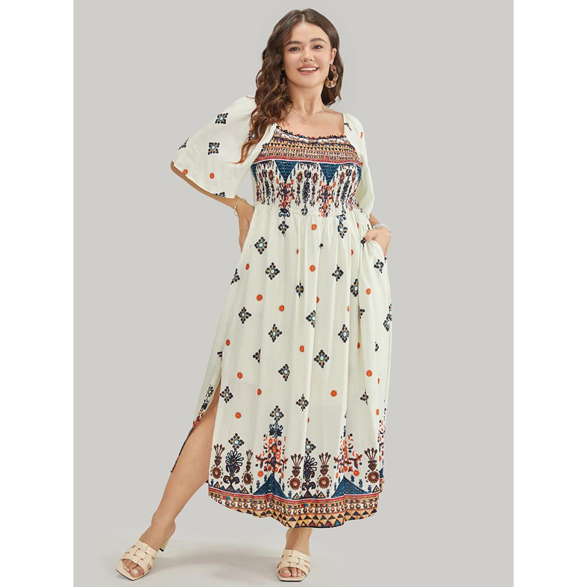 Plus Size Bandana Print Square Neck Pocket Shirred Frill Trim Split Dress Multicolor Women Vacation Frill Trim Square Neck Short sleeve Curvy Midi Dress BloomChic 10/M Product Image