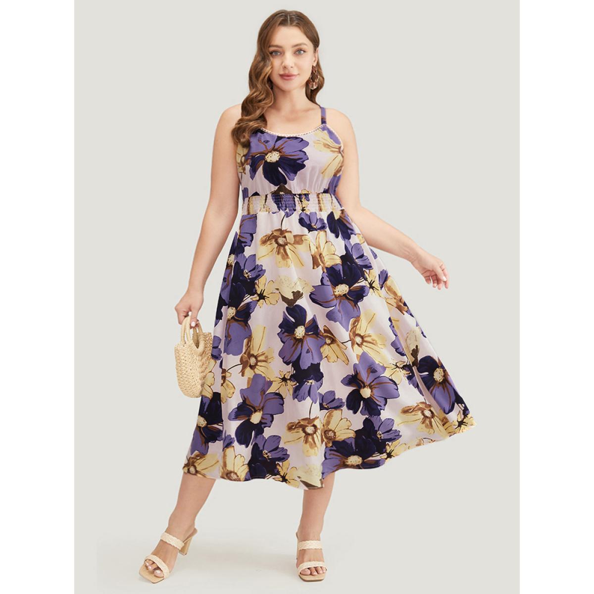 Plus Size Floral Ruffle Hem Pocket Shirred Cami Dress Mauve Women Elegant Adjustable Straps Spaghetti Strap Sleeveless Curvy Midi Dress BloomChic 14-16/1X Product Image