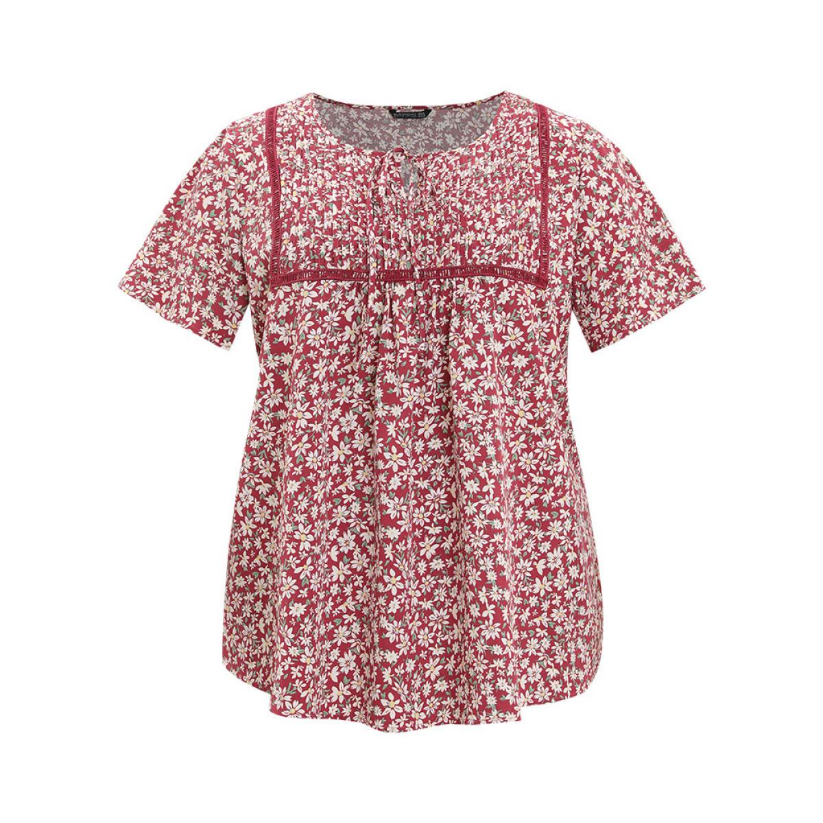 Plus Size RedViolet Ditsy Floral Lace Gathered Tie Neck Blouse Women Elegant Short sleeve Tie Neck Dailywear Blouses BloomChic 10/M Product Image