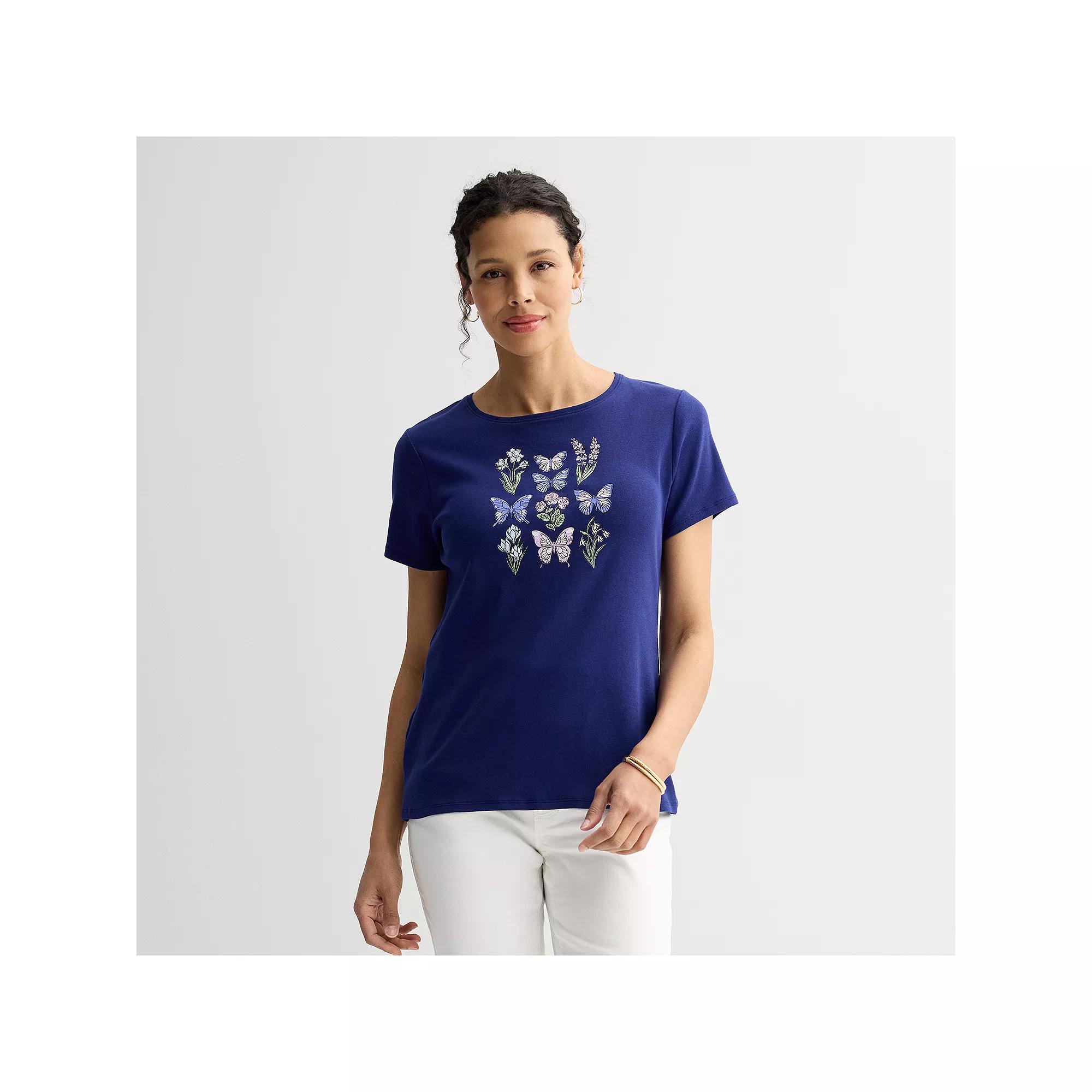 Women's Croft & Barrow® Essential Crewneck Tee, Size: Medium, Blue Butterfly Graphic Product Image