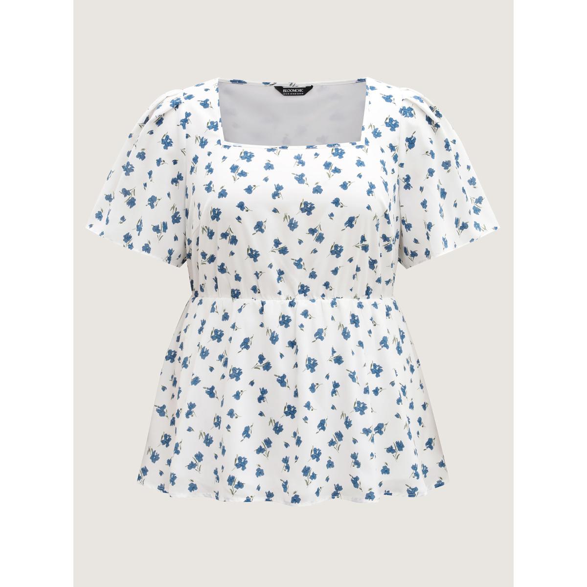 Plus Size Originalwhite Delicate Floral Print Lotus Sleeve Blouse Women Short sleeve Square Neck Everyday-Elegant Blouses BloomChic 26/4X Product Image