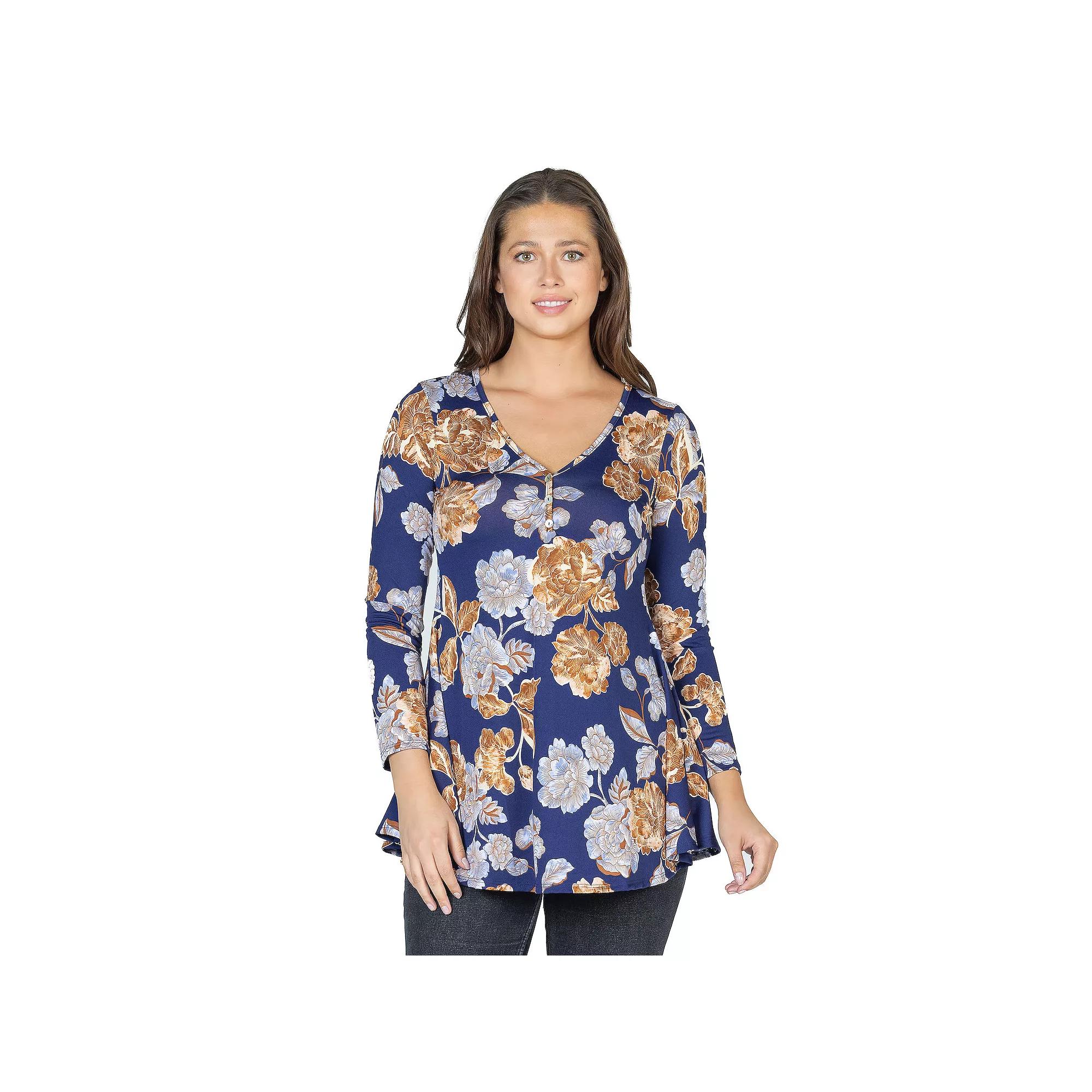 Women's 24Seven Comfort Apparel Floral Long Sleeve V Neck Tunic Top,  Product Image