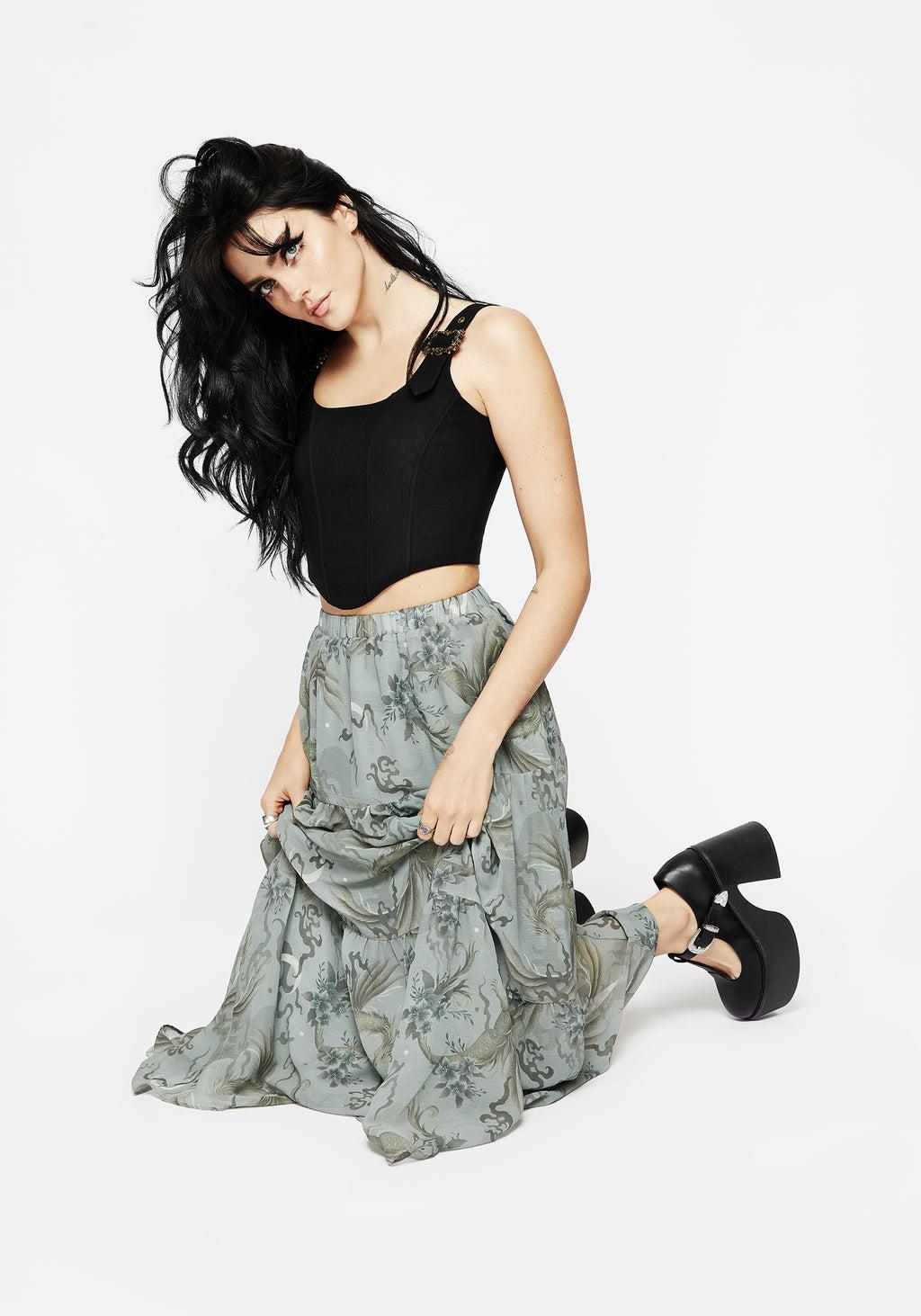 Sapphira Dragon Print Chiffon Tiered Maxi Skirt Product Image