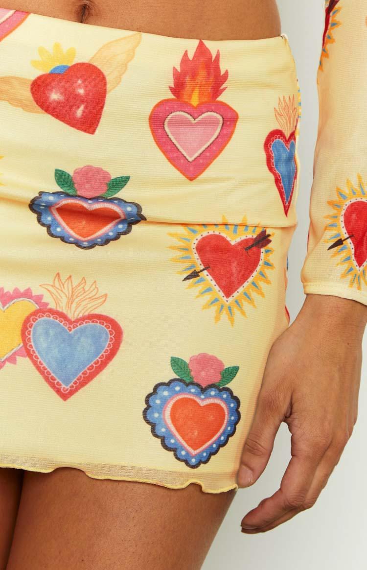 Rosaline Yellow Heart Printed Mesh Mini Skirt Product Image