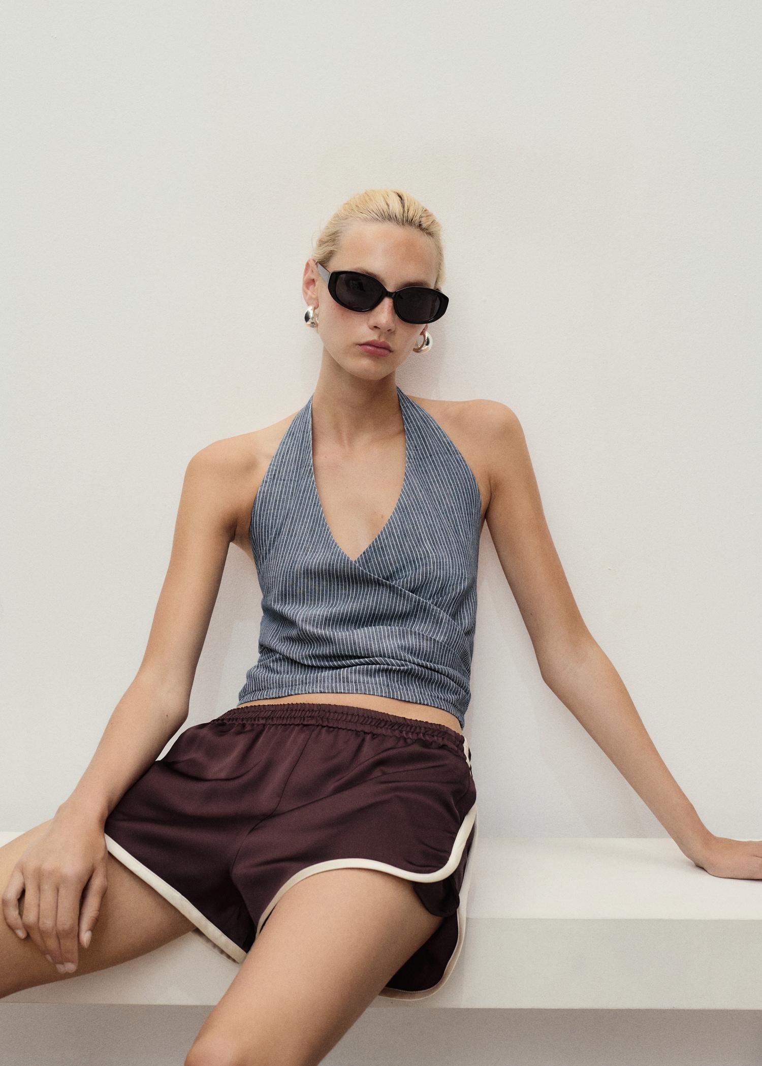 Striped crossover denim top - Women | MANGO USA Product Image