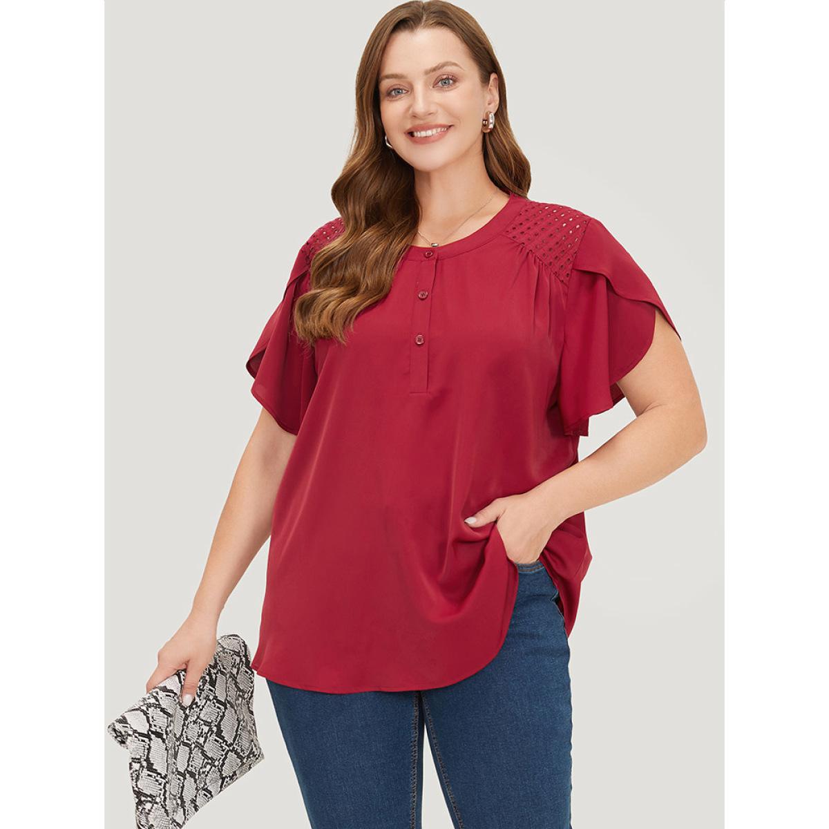 Plus Size Burgundy Plain Patchwork Cut Out Petal Sleeve Blouse Women Office Short sleeve Round Neck Work Blouses BloomChic 28/5X Product Image