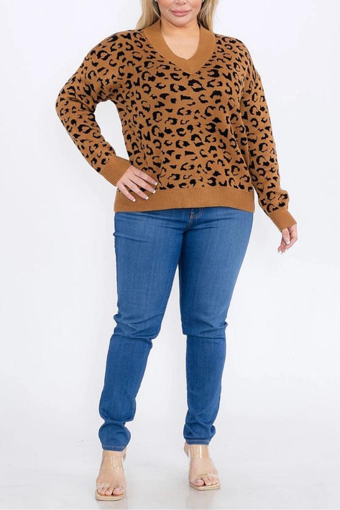 V-Neck Pullover Colorblock Animal Print Sweater Product Image